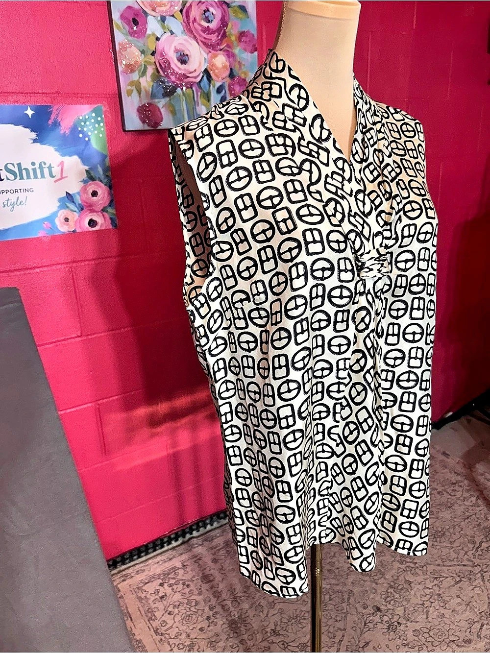 Talbots Geometric Silk Blouse in Black & Cream Size 14